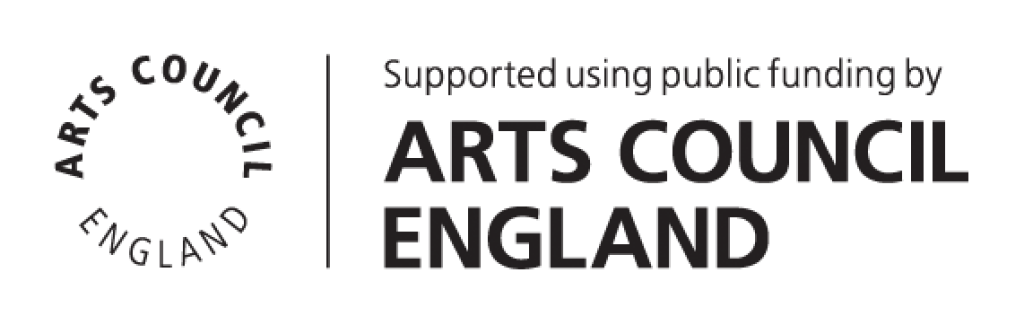 Arts Council England logo in black and white with text next to it saying 'Supported using public funding by Arts Council England'.