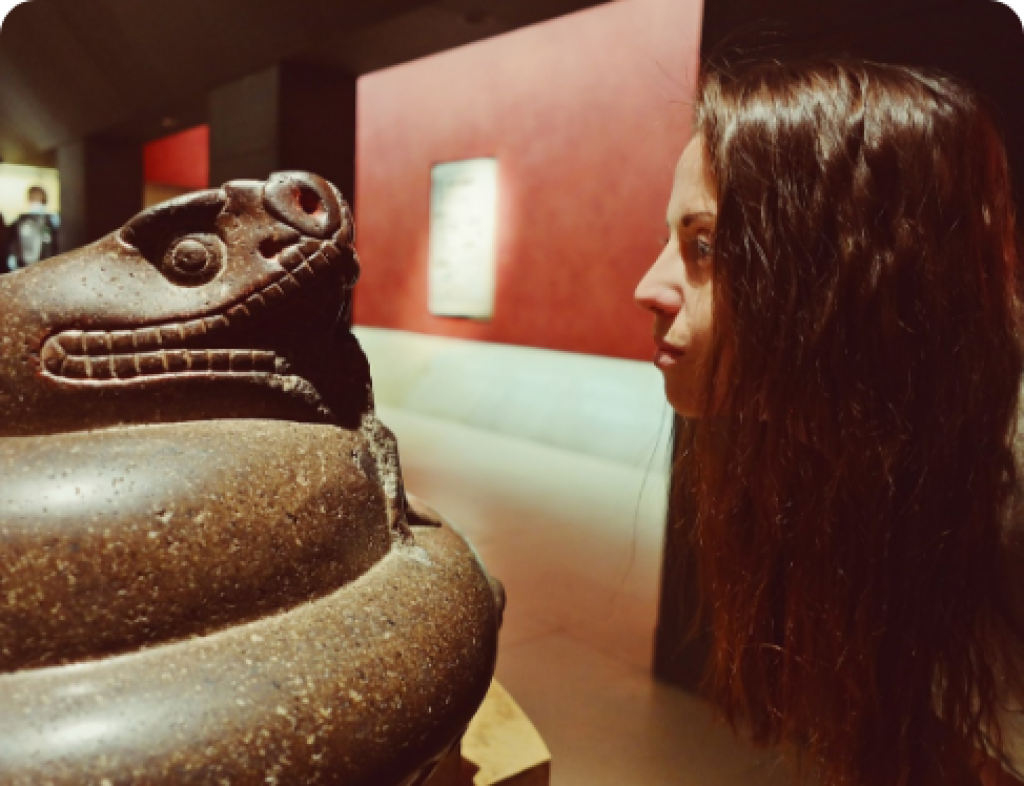 A profile shot of the side of a young woman with long dark hair looking at a museum piece.