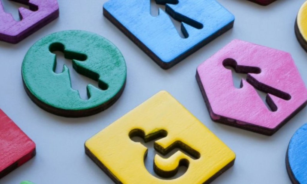 Image of different shapes and colours with visualisations of different kinds of people on them, e.g. a wheelchair user, male figure, female figure.