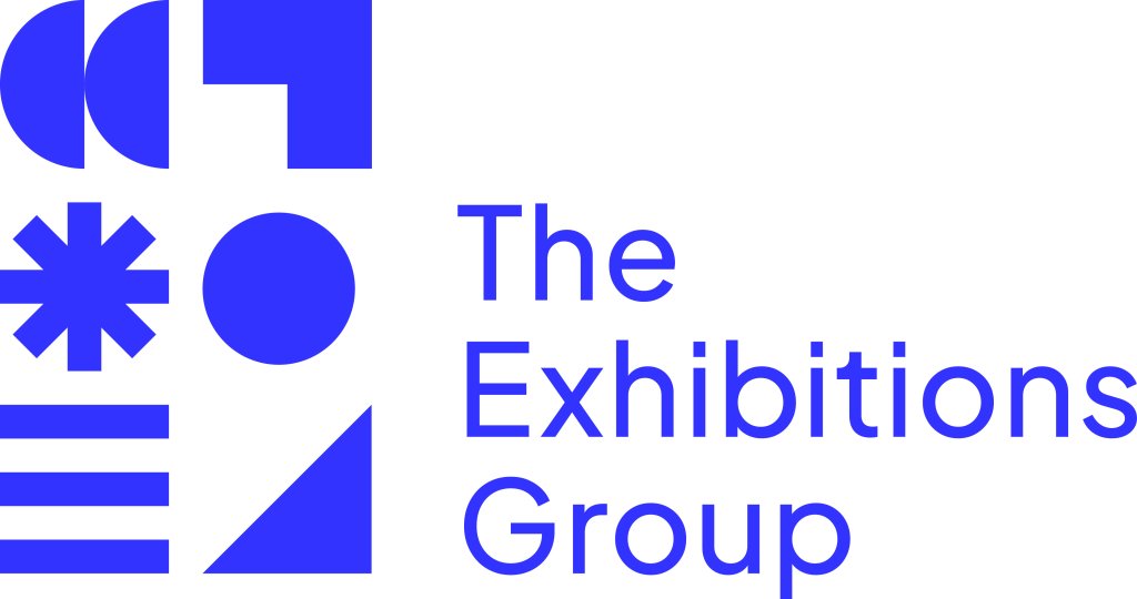 The Exhibitions Group written in blue writing with some bold patterns next to it also in blue.
